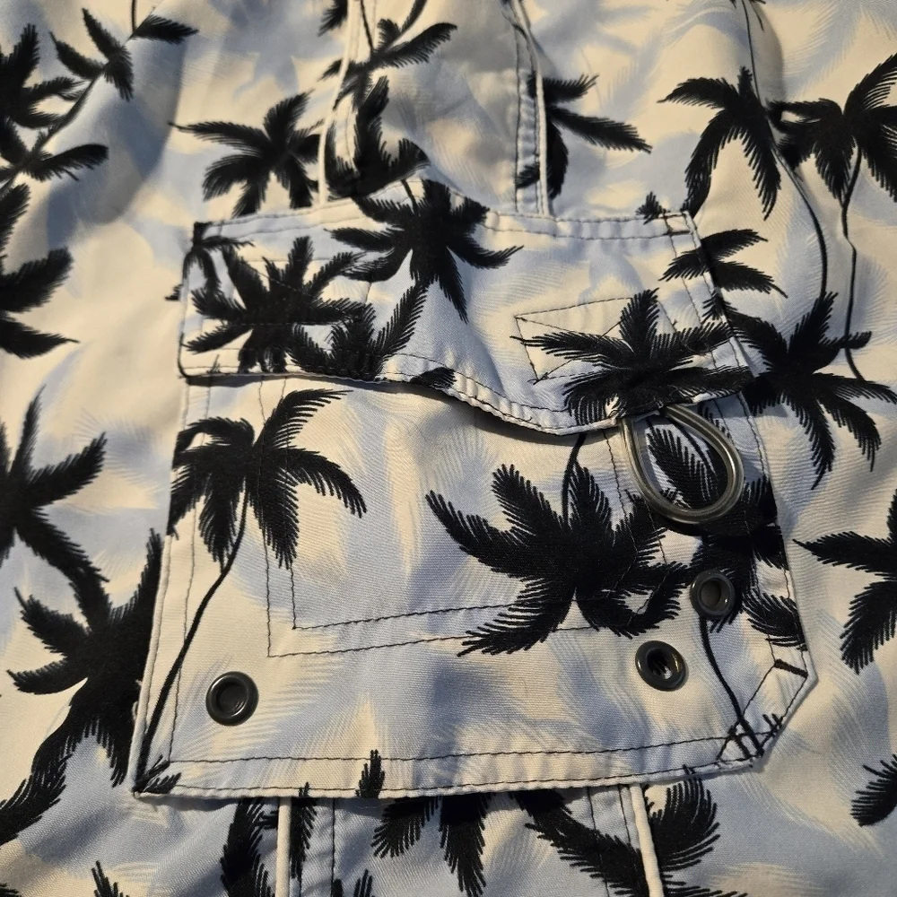 Islander Palm Tree Print Men's Medium Swim Trunks Board Shorts Blue Black White